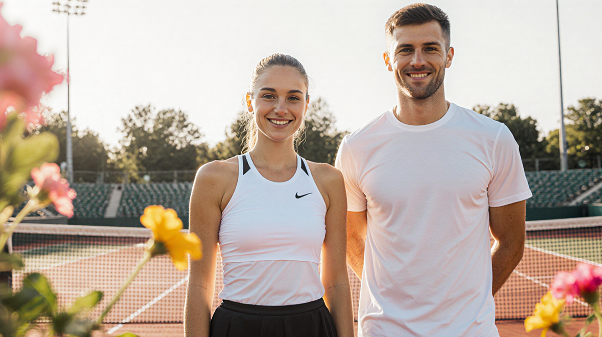 Laila Hasanovic smiles beside Jannik Sinner on a sunlit tennis court with bright grass and colorful flowers.