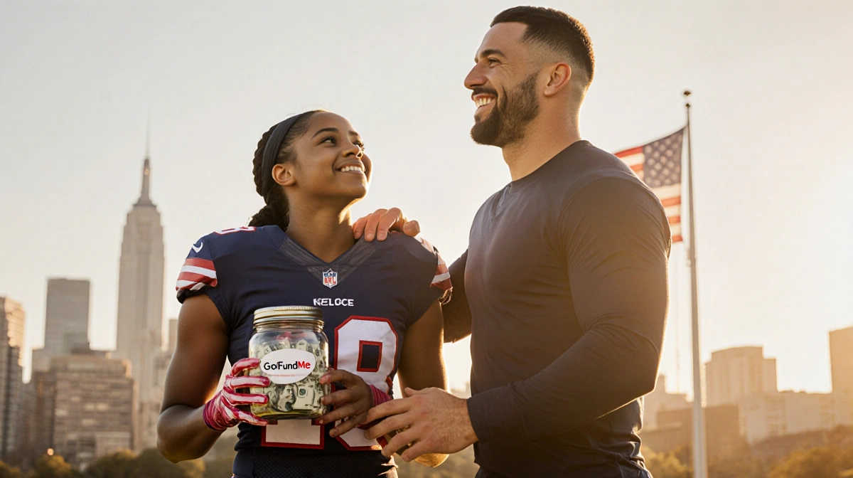 Laila Edwards standing beside Travis Kelce holding a GoFundMe jar with an American flag in background