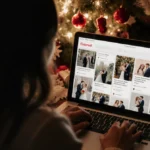 Lainey Wilson browsing wedding inspiration on laptop with cozy winter decorations and warm lighting in room