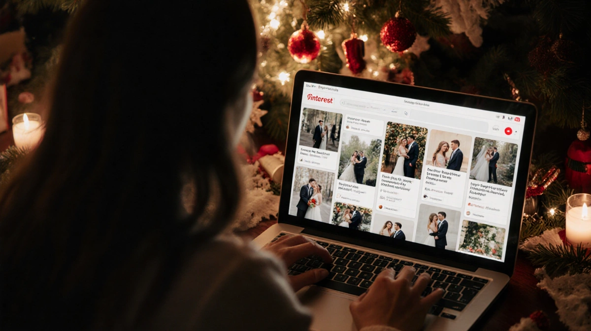 Lainey Wilson browsing wedding inspiration on laptop with cozy winter decorations and warm lighting in room