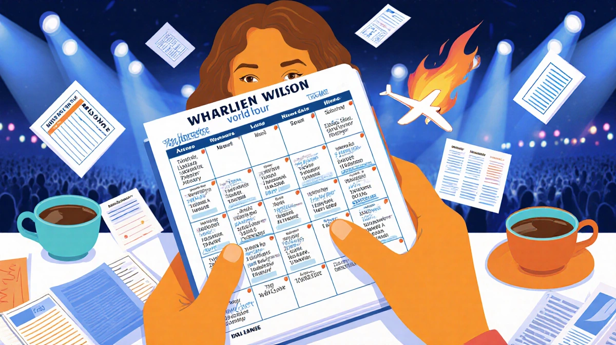 Lainey Wilson holds packed tour calendar with coffee cup and flight documents showing busy schedule