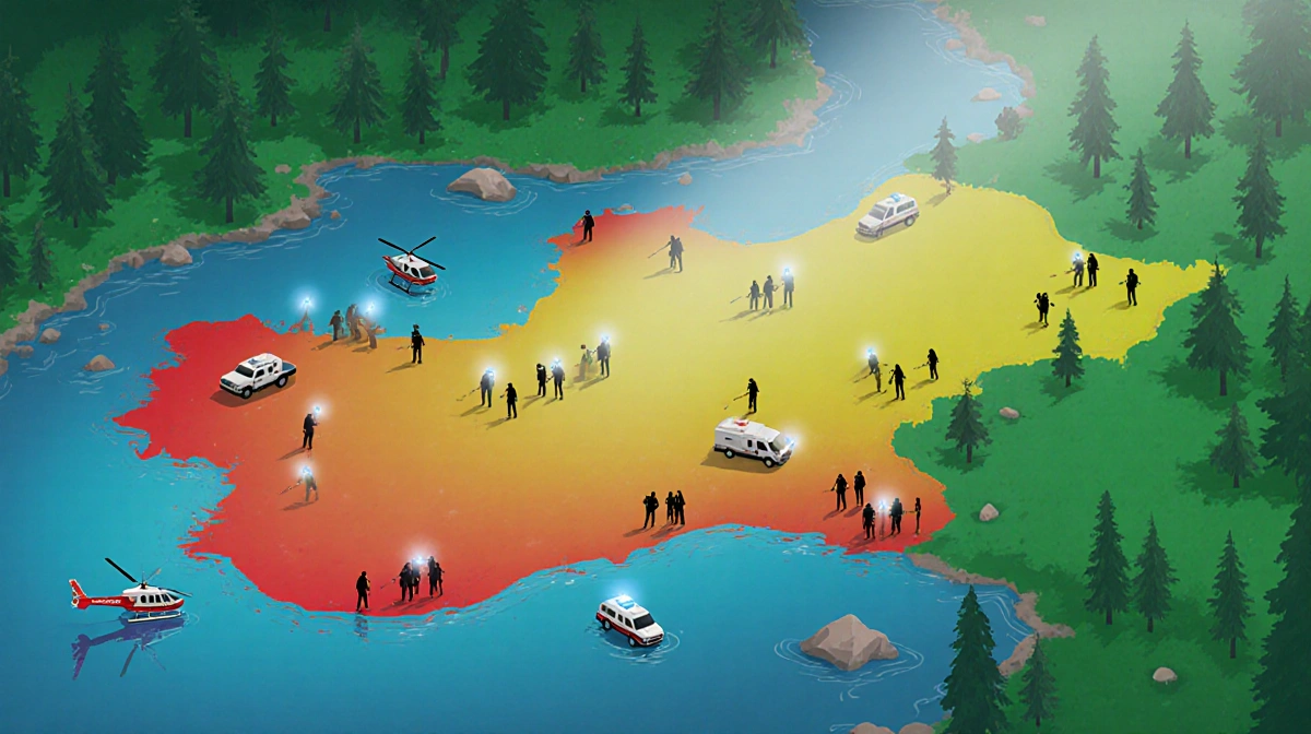 Aerial map of Lake Afton Park search area with red zone showing 3.5 square miles scoured with helicopters and emergency vehic