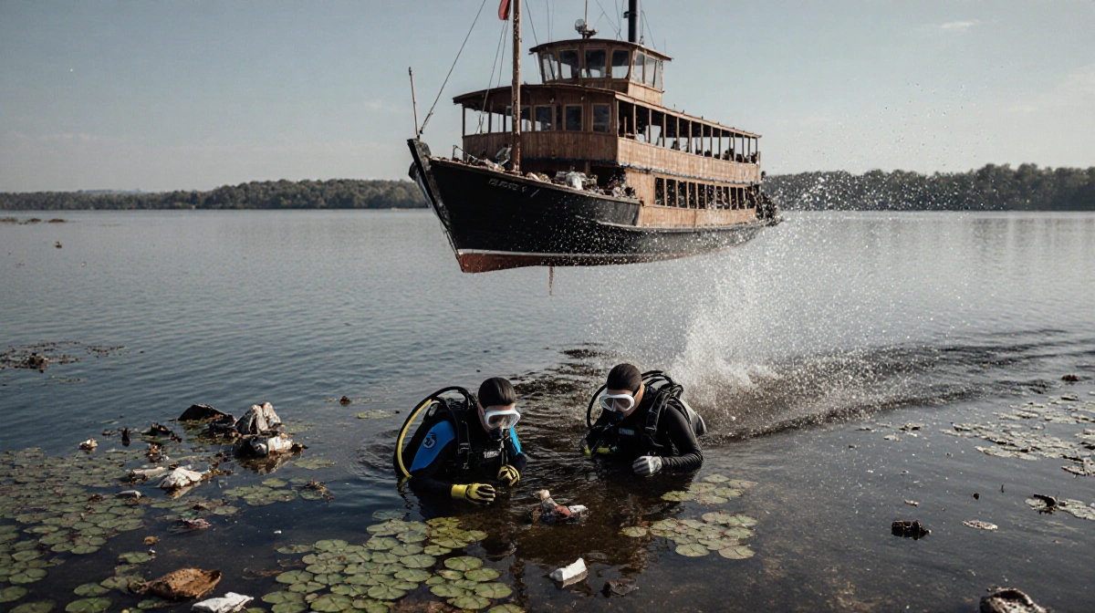 Two scuba divers searching lake bottom debris with boat and passenger ferry overhead stirring sediment