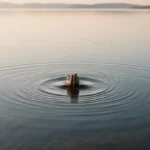 A small wooden boat creates a single ripple on calm lake water with warm sunlight reflecting and gentle waves showing market