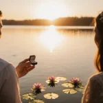 Couple standing at lake edge with woman holding wedding ring box and golden sunset reflecting on water