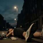 Woman lying on dimly lit street with running shoes nearby and medical equipment scattered on ground