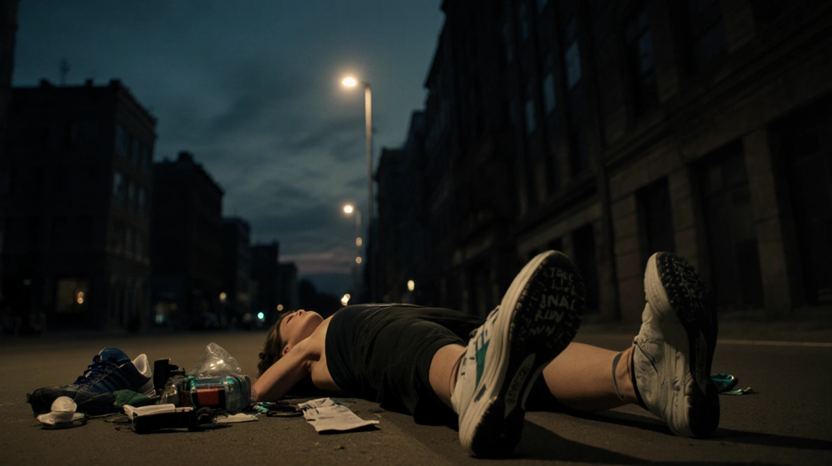 Woman lying on dimly lit street with running shoes nearby and medical equipment scattered on ground