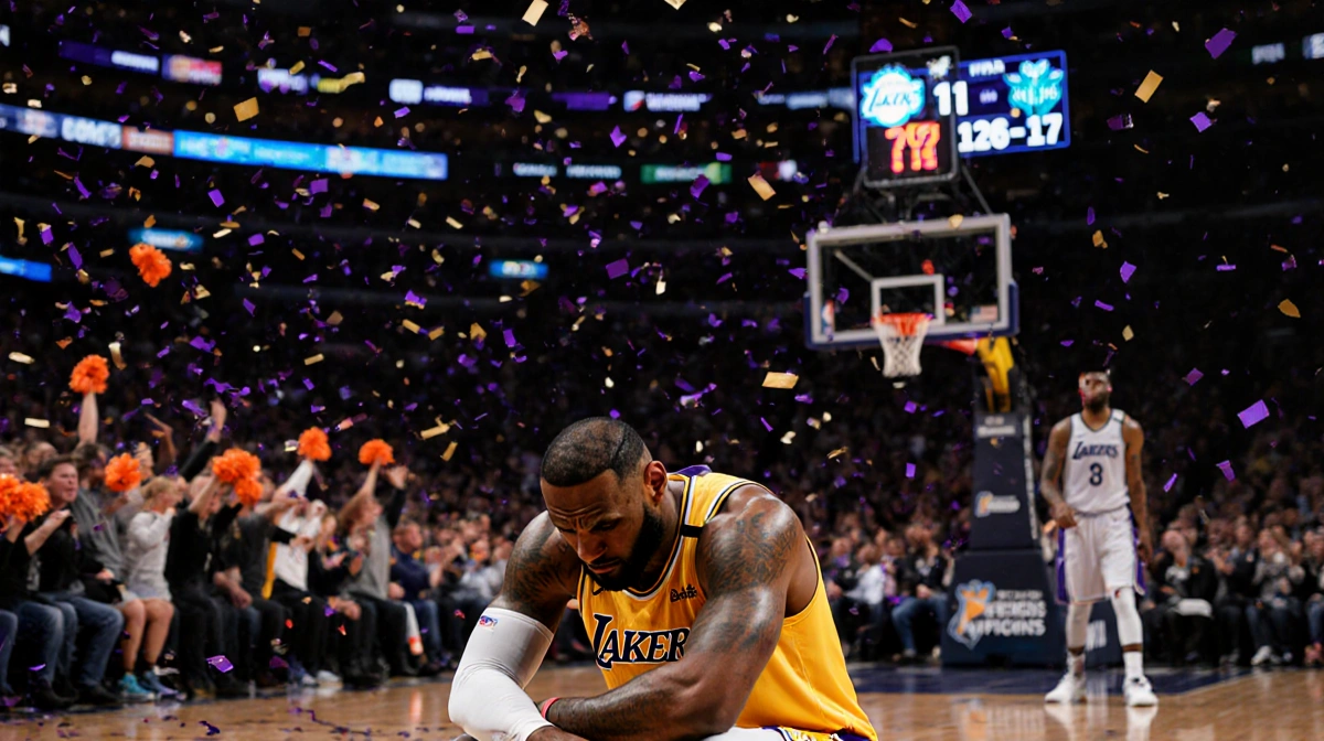 Lakers player slumps with head in hands while Hornets celebrate victory with confetti falling and scoreboard showing 135-117