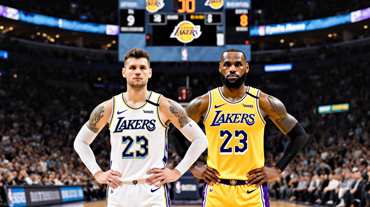 Luka Dončić and LeBron James standing triumphantly with hands on hips near scoreboard showing Lakers win victory in basketbal