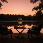 Two armchairs sit on wooden dock with half-eaten pizza and drinks on small table overlooking lake at sunset