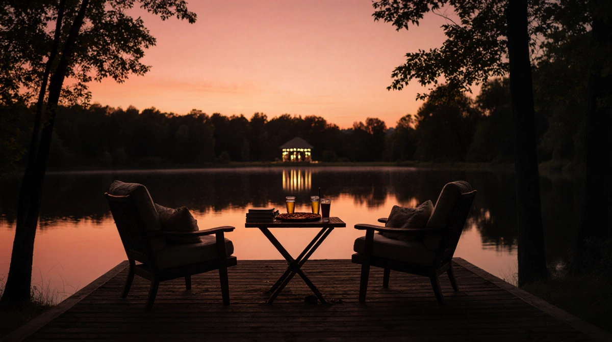Two armchairs sit on wooden dock with half-eaten pizza and drinks on small table overlooking lake at sunset