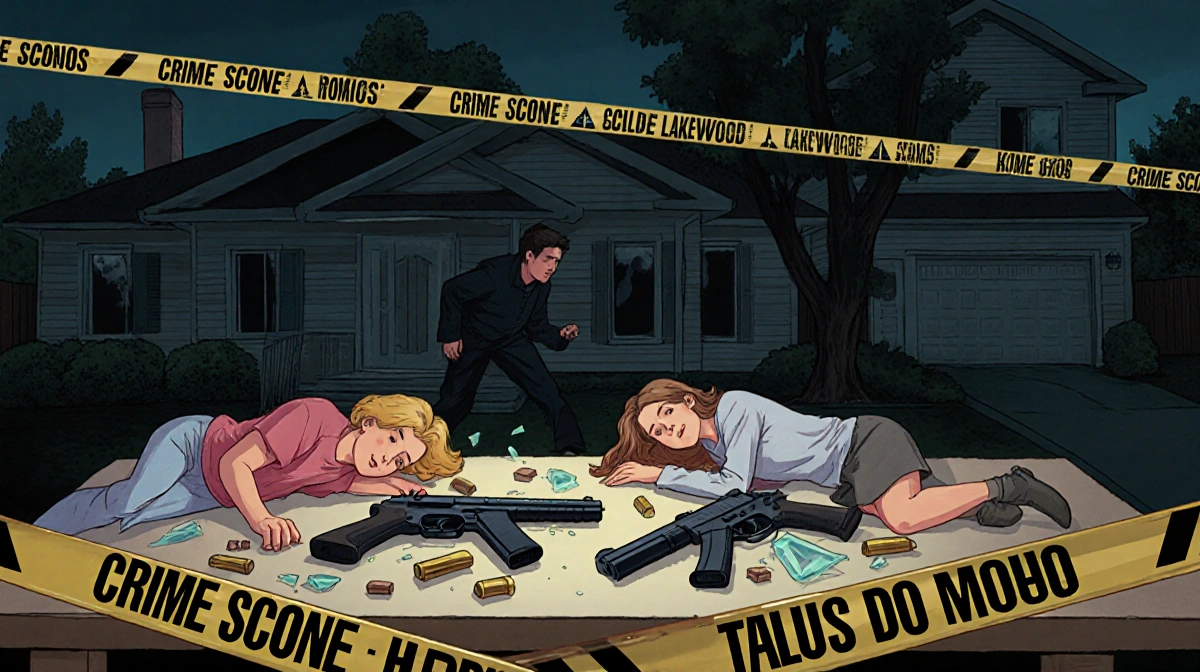 Suspect fleeing as police investigate Lakewood crime scene with mother and daughter on floor near evidence markers