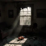 Sunlight streams through broken window frame with shattered glass and child