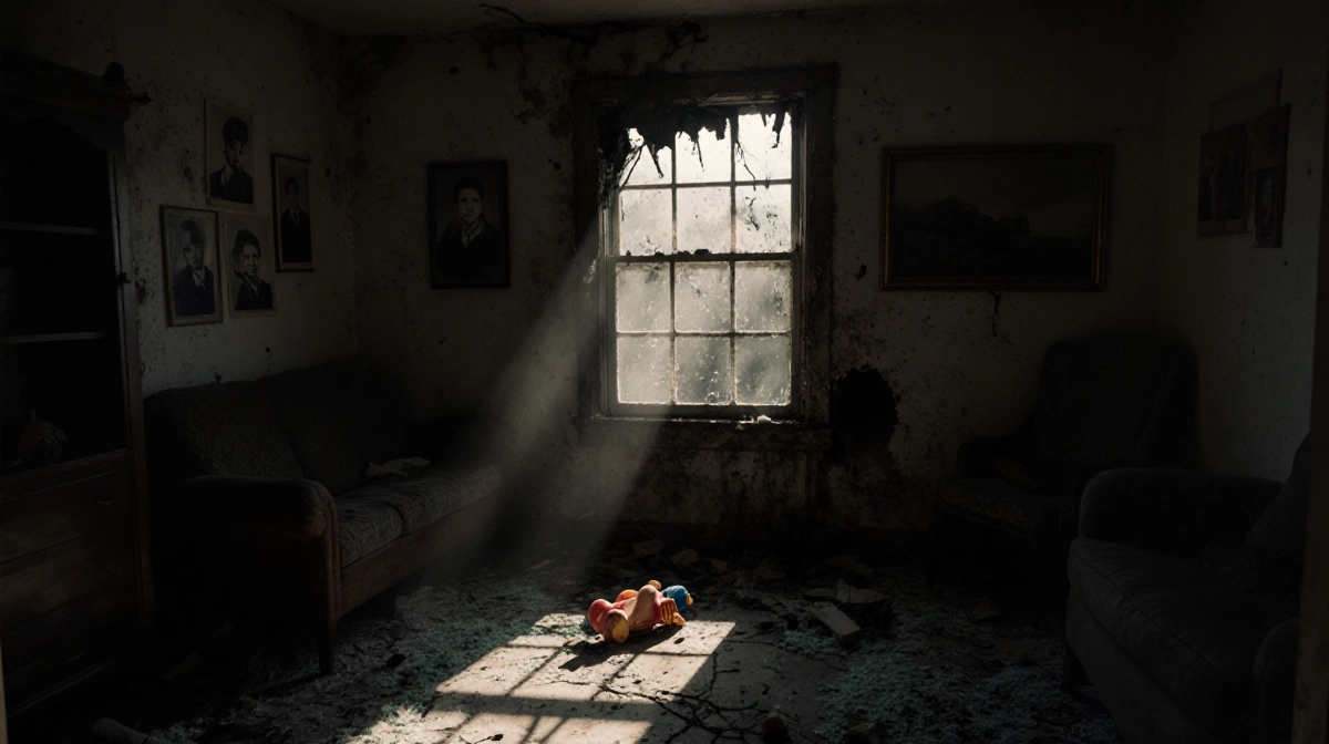 Sunlight streams through broken window frame with shattered glass and child