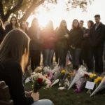 Young woman holding flowers at Lakewood memorial with mourners gathered behind her and sunlight filtering through trees