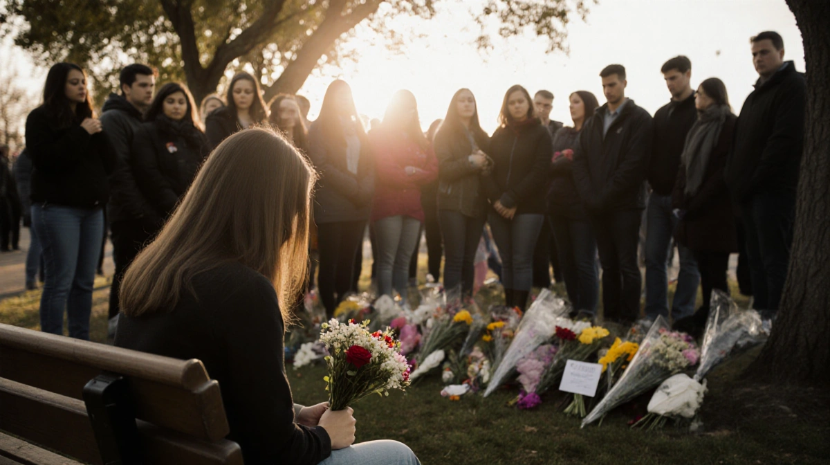 Young woman holding flowers at Lakewood memorial with mourners gathered behind her and sunlight filtering through trees