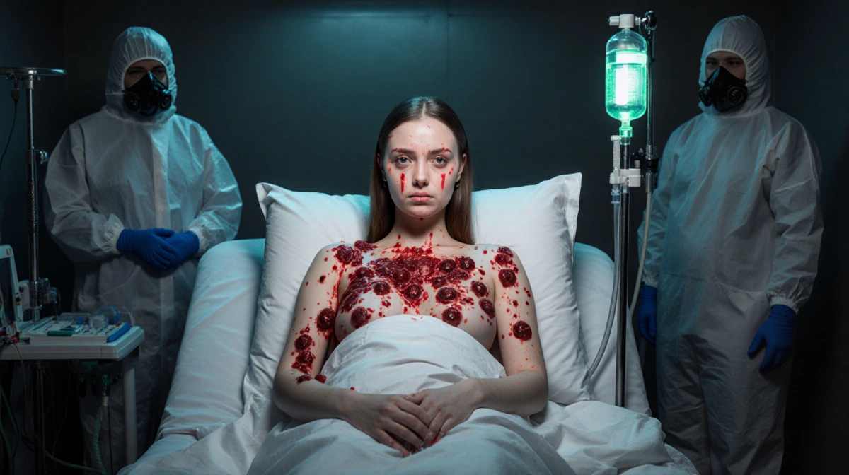 Lala Kent sits on hospital bed with IV glow and doctors in hazmat gear showing skin condition