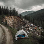 Rescue workers searching for survivors with a mangled tent on a landslide-affected campsite