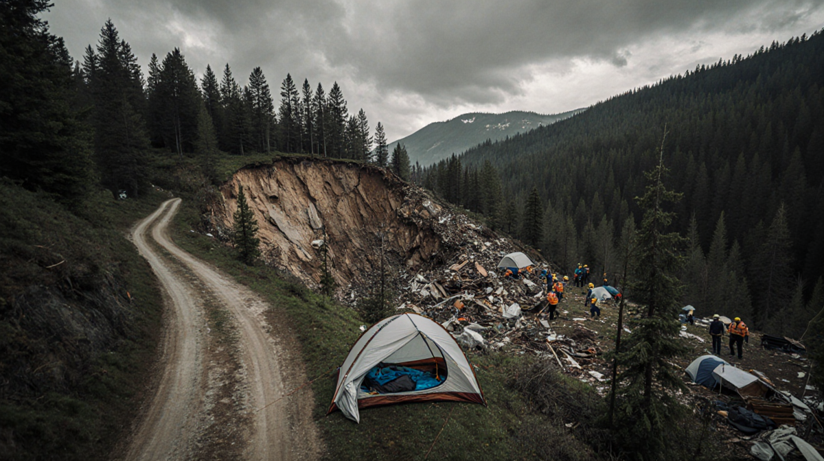 Rescue workers searching for survivors with a mangled tent on a landslide-affected campsite