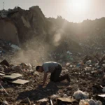 Volunteer stands among landfill landslide debris with waste spilling across the ground