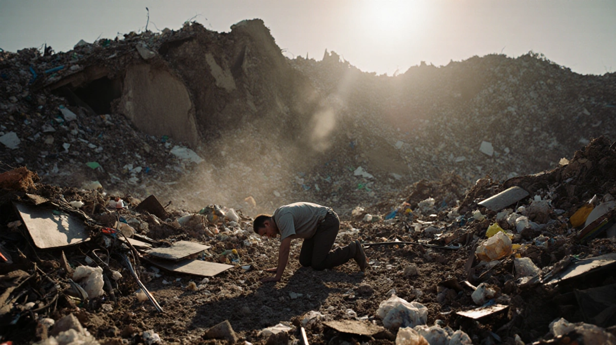 Volunteer stands among landfill landslide debris with waste spilling across the ground