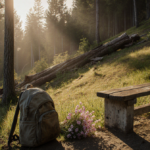 Backpack lies beside bench with wildflowers and long shadows under golden light in memorial landslide landscape
