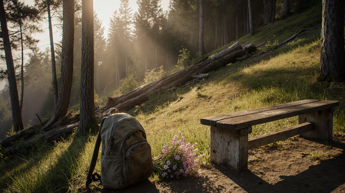 Backpack lies beside bench with wildflowers and long shadows under golden light in memorial landslide landscape