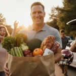 Lane Kiffin holding grocery bag with fresh produce and smiling family near car with football helmet