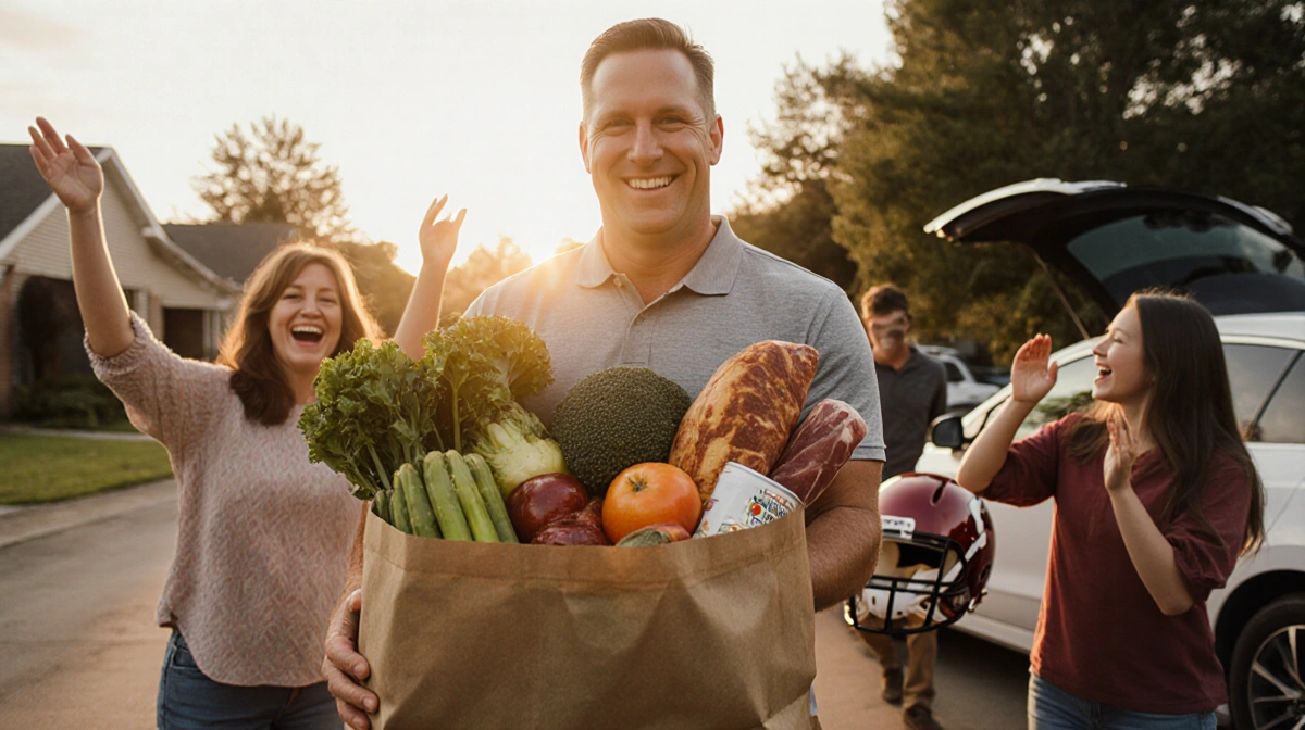 Lane Kiffin holding grocery bag with fresh produce and smiling family near car with football helmet