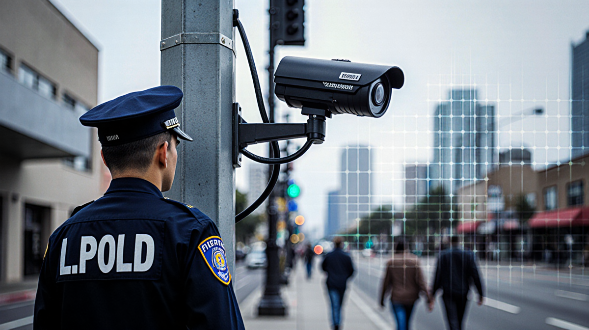 LAPD officer standing beside a tall surveillance camera with cables on a pole against a blurred cityscape.