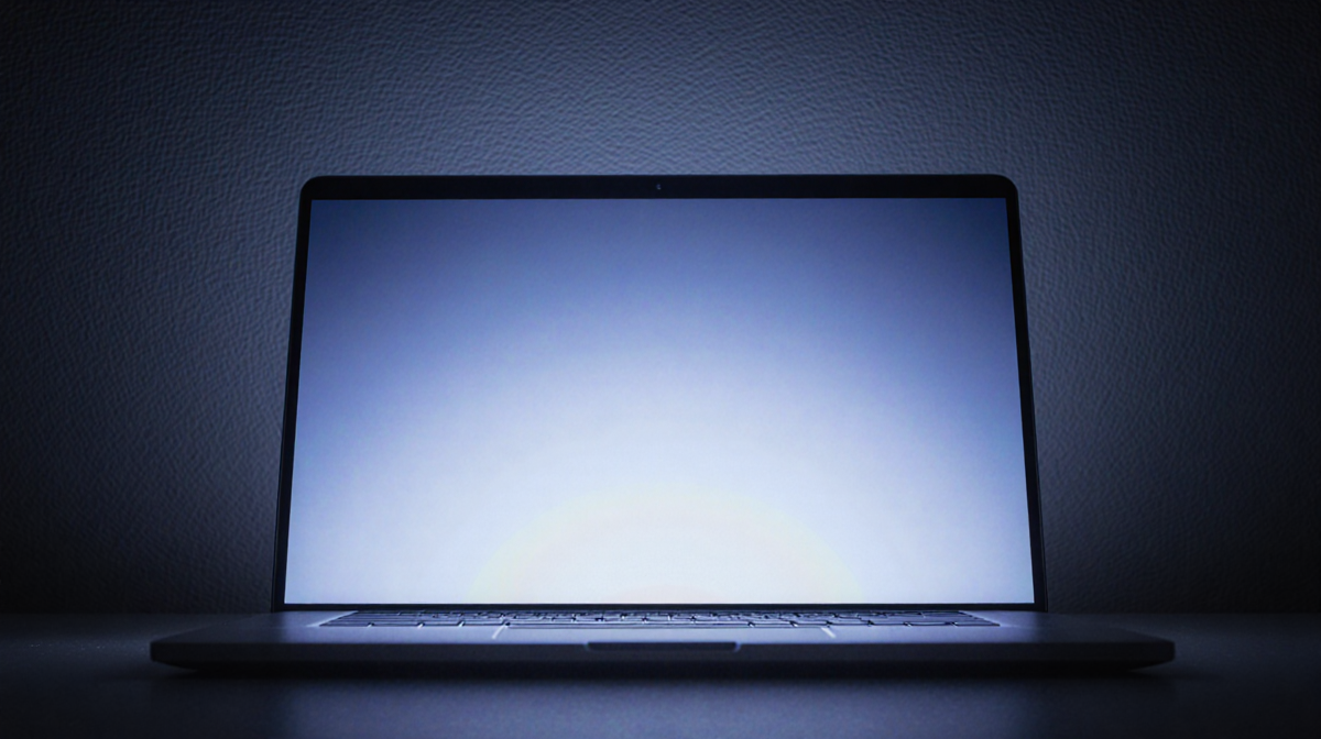 Laptop screen glowing softly with anti-glare effect in a dimly lit room and subtle ambient light