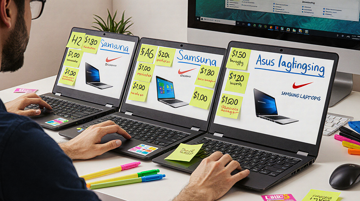 Person sits at desk checking laptop deals with sticky notes showing discounts and colorful pens.