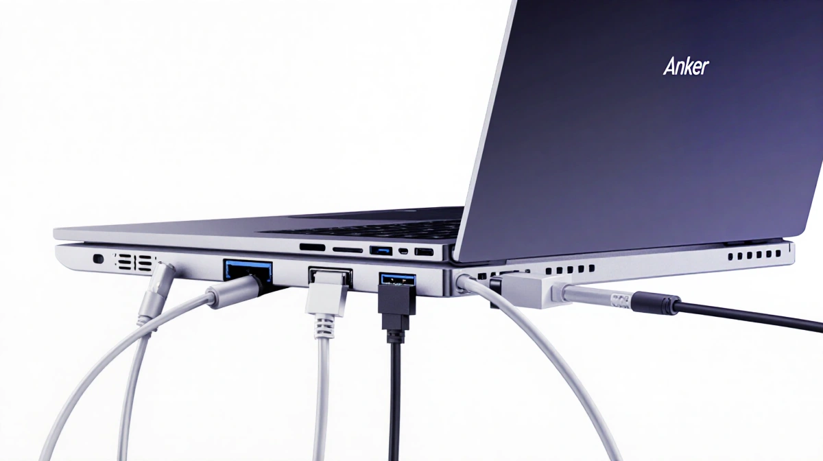 Laptop ports blocked with tangled cables and adapters showing compatibility limits with subtle gradient overlay