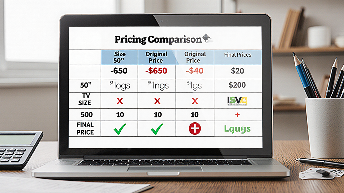 Laptop screen showing price comparison table with TV sizes 50