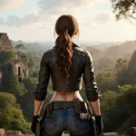 Lara Croft stands at ancient temple ruins with dual pistols and jungle backdrop showing adventure