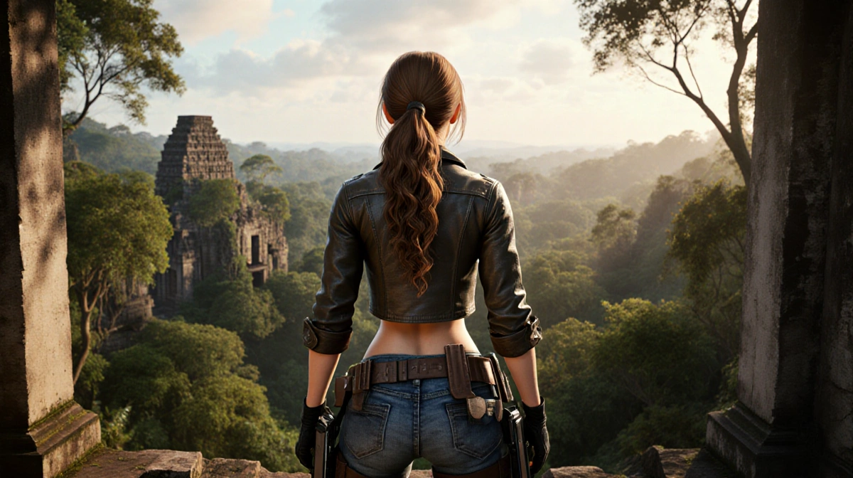 Lara Croft stands at ancient temple ruins with dual pistols and jungle backdrop showing adventure