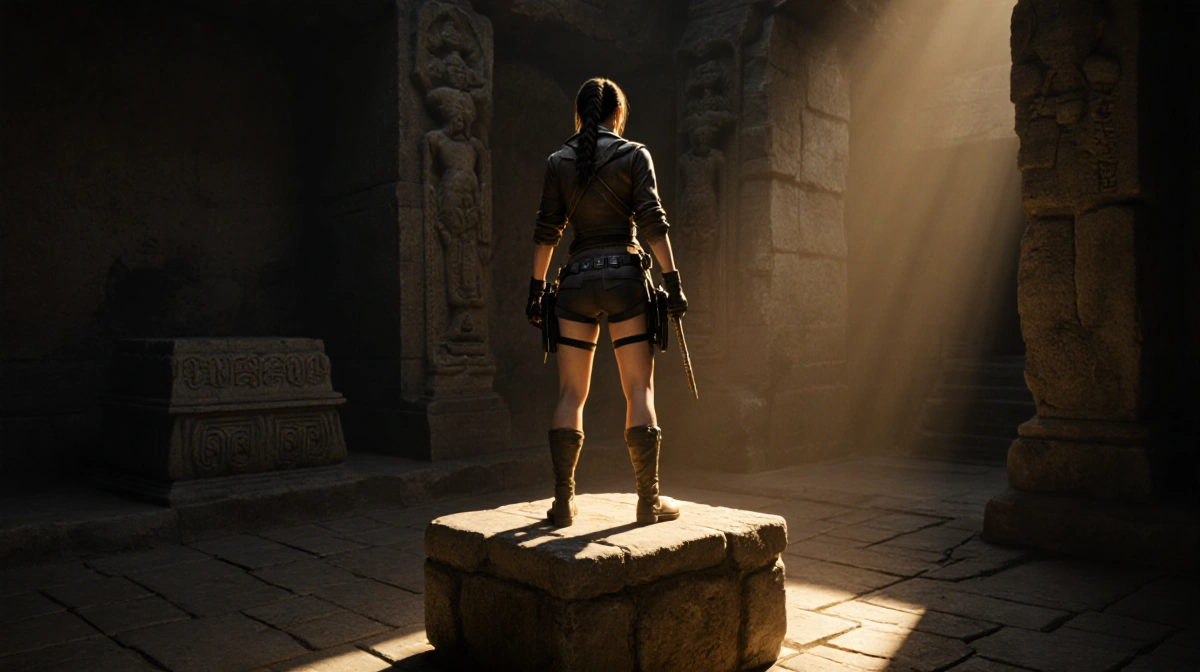 Lara Croft stands atop ancient stone pedestal with golden light casting shadows across tomb chamber and intricate wall carvin