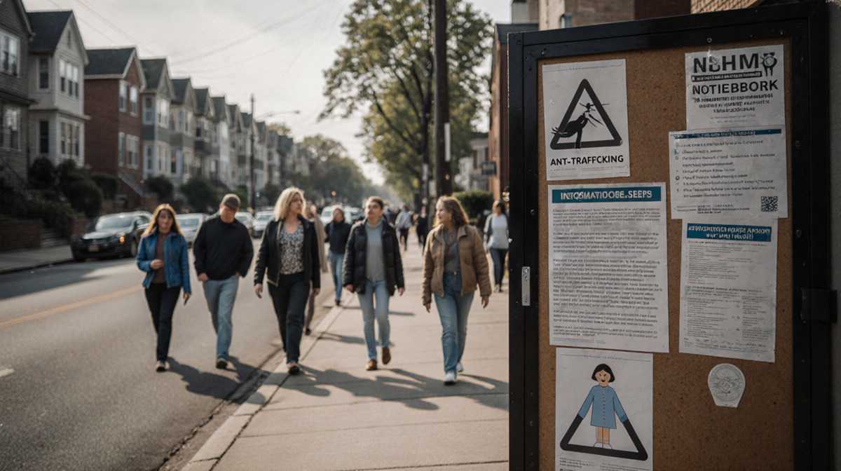 Neighbors gather around a makeshift info board with anti-trafficking flyers on Larchmont street, blurred passersby walk past.
