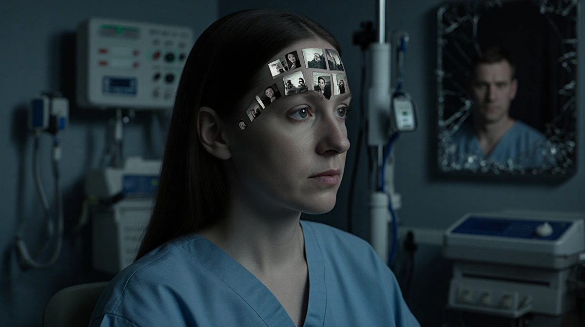 Larsen sits in dim hospital room with fragmented memories etched on forehead and fractured mirror reflecting guilt