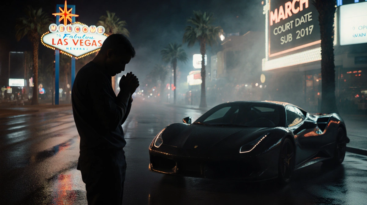 Lone figure stands beside black sports car with neon glow reflecting on wet pavement and billboard showing March Court Date