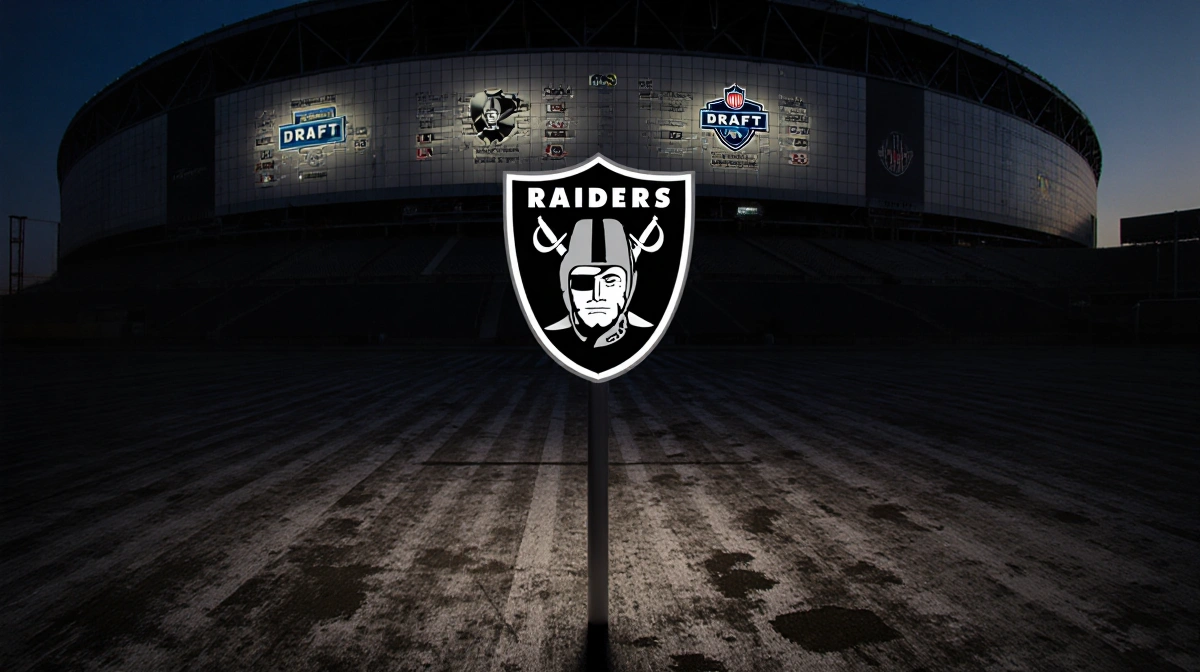 Las Vegas Raiders logo standing alone on dimly lit worn-out football field at dusk with stadium facade and NFL Draft draft gr