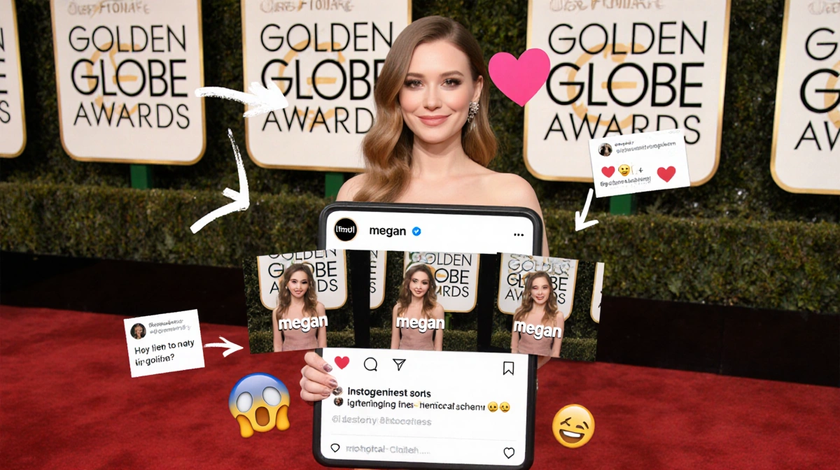 Laufey holds phone showing Instagram post with Golden Globes photos and heart emojis