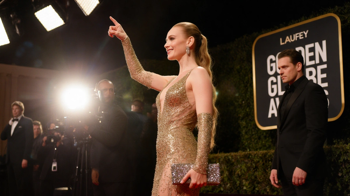 Laufey poses on Golden Globes red carpet with gold gown and sparkly clutch while pointing to herself with cameras flashing