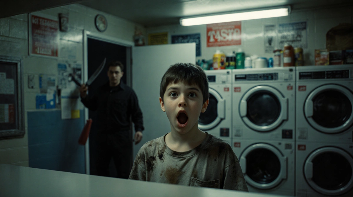 Teenage boy stands behind laundromat counter with surprised expression and shadowy figure approaching with weapon