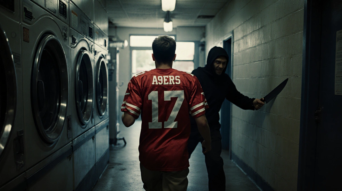Teen in red 49ers jersey running through dim laundromat with machete-wielding attacker casting shadow behind him