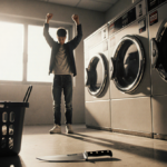 Teenager standing frozen in fear with a machete on the floor and a laundromat in the background