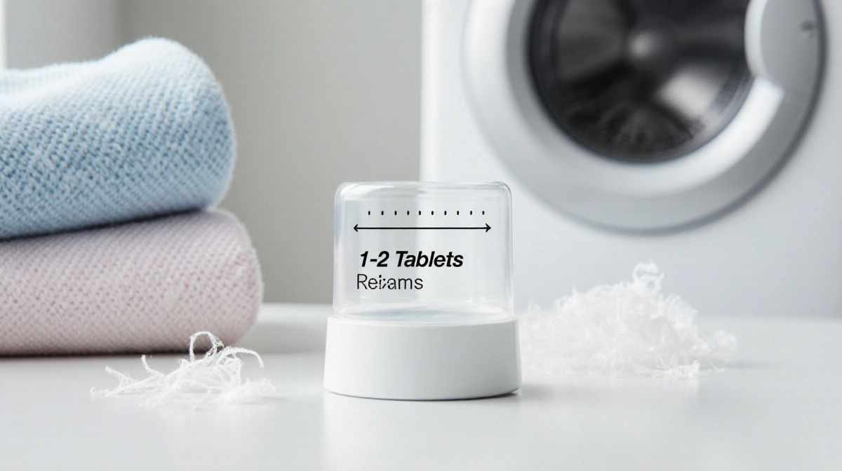 Laundry detergent cap shows dosage line through clear window with fabric fibers in background and washing machine nearby