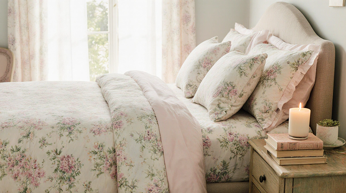 Vintage floral bed sheets drape across cozy bedroom with natural light streaming through window and books on nightstand