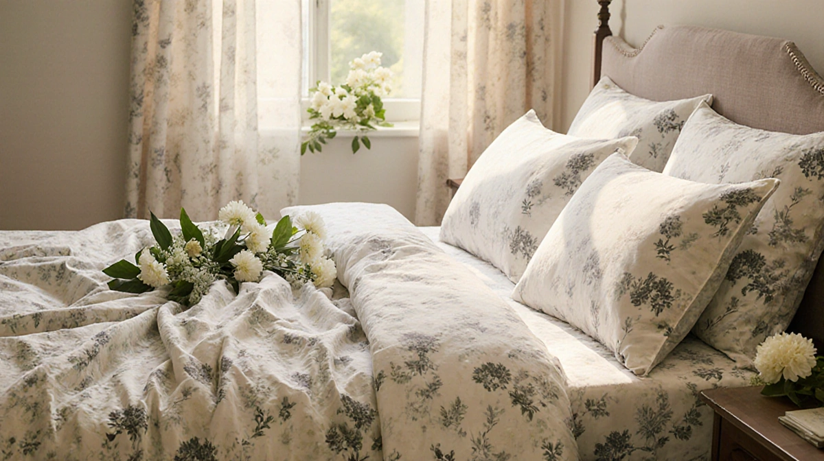 King bed with rumpled Laura Ashley cotton sheets and fresh white flowers basking in warm sunlight