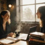 Laura Dave and Jennifer Garner laughing together in coffee shop with books and steaming coffee between them